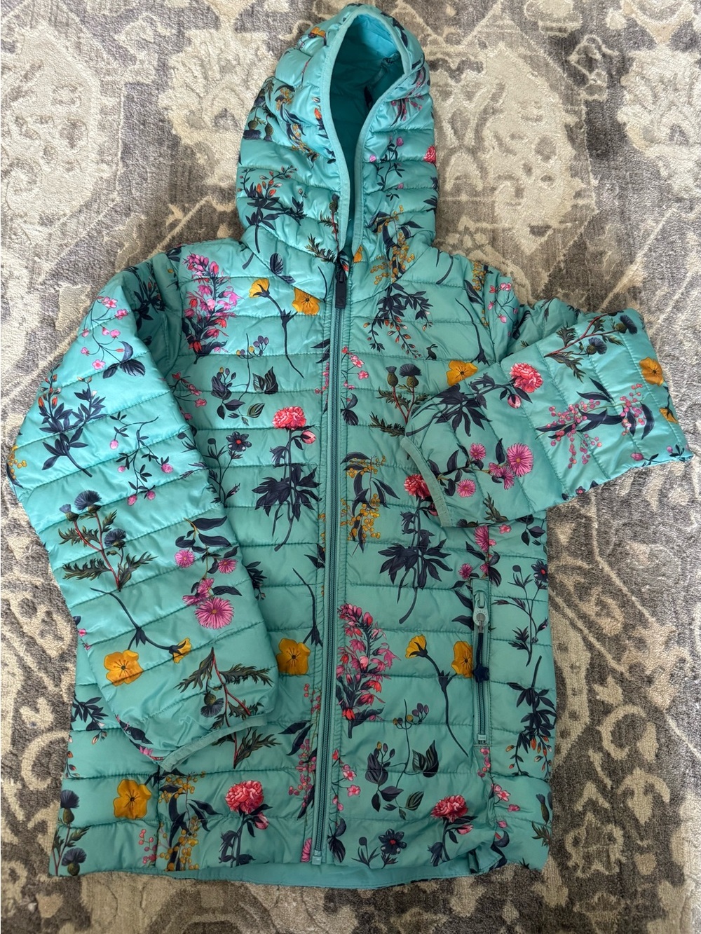 Joules packable light weight puffer  Teal Floral Hooded Jacket